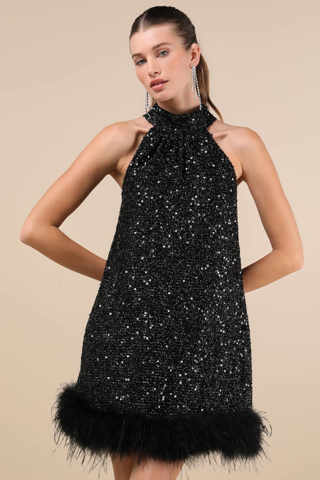 Magnetic Darling Shiny Black Sequin Feather Shift Mini Dress
