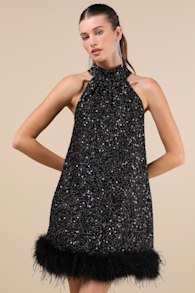 Magnetic Darling Shiny Black Sequin Feather Shift Mini Dress 3