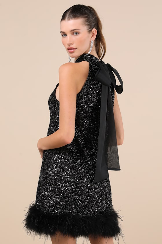 Lulus Magnetic Darling Shiny Black Sequin Feather Shift Mini Dress In Black