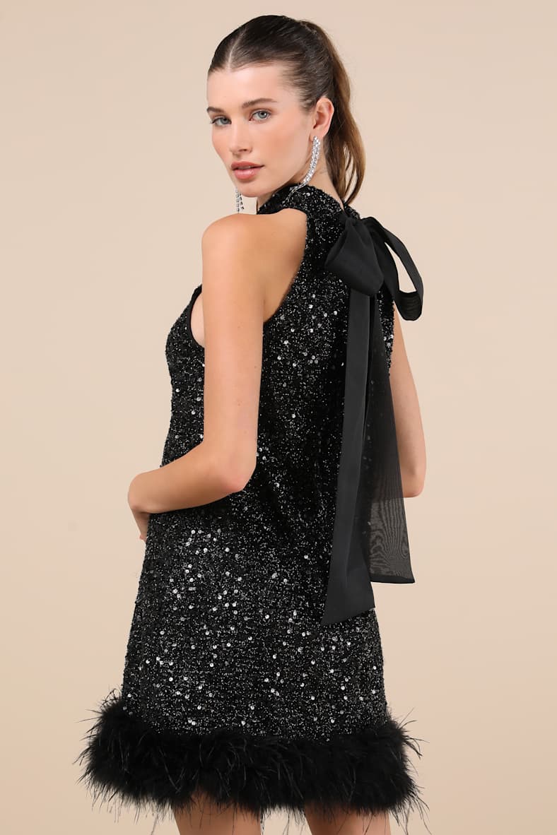 Magnetic Darling Shiny Black Sequin Feather Shift Mini Dress
