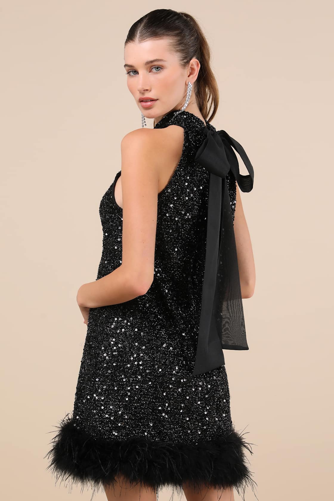 Magnetic Darling Shiny Black Sequin Feather Shift Mini Dress