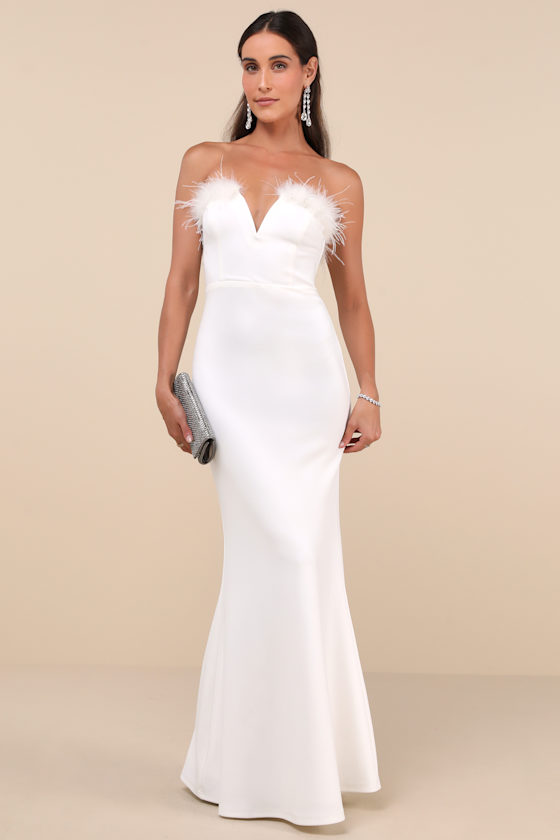Lulus Extraordinary Glam White Feather Strapless Mermaid Maxi Dress In White