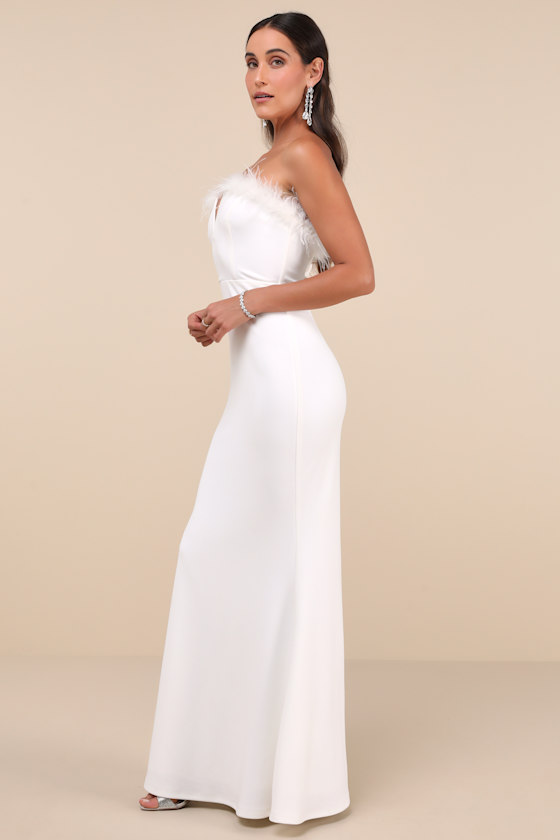 Lulus Extraordinary Glam White Feather Strapless Mermaid Maxi Dress In White