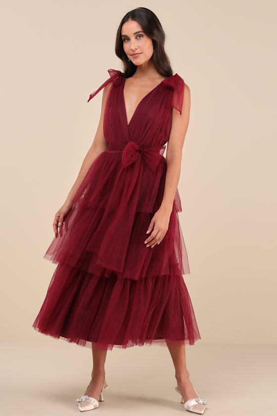 Lulus Flawless Arrival Burgundy Tulle Tie-strap Tiered Maxi Dress In Burgundy