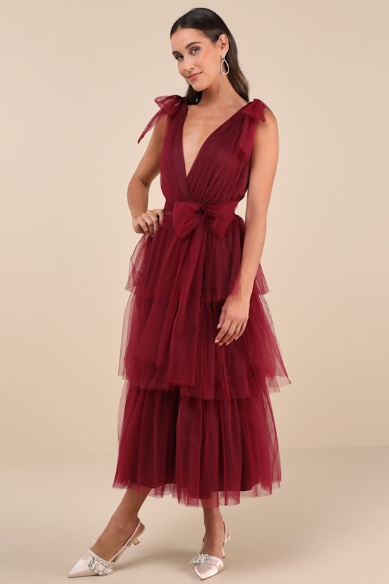 Lulus Flawless Arrival Burgundy Tulle Tie-strap Tiered Maxi Dress In Burgundy