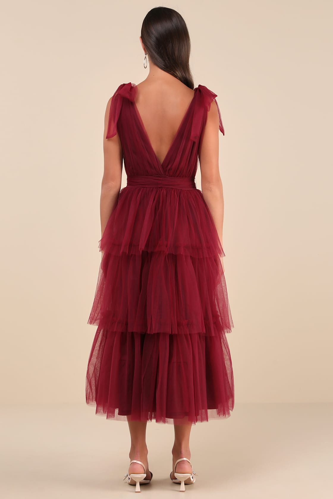 Flawless Arrival Burgundy Tulle Tie-Strap Tiered Maxi Dress