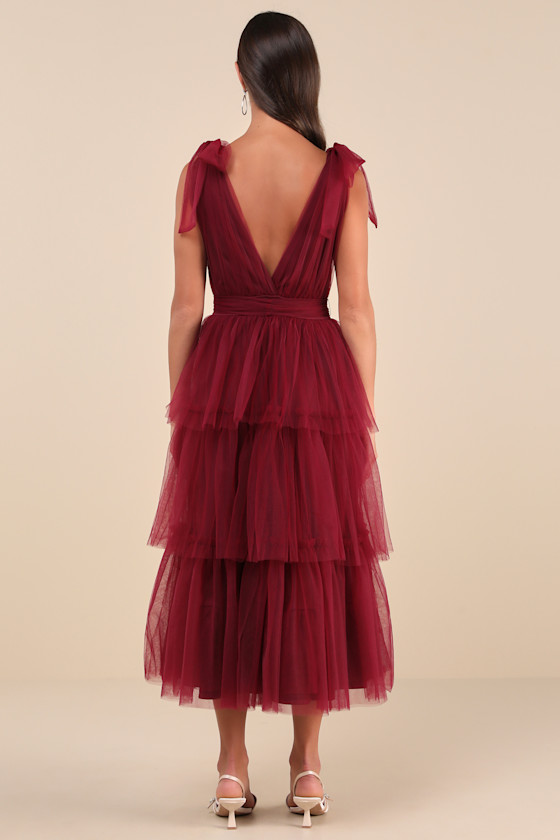 Flawless Arrival Burgundy Tulle Tie-Strap Tiered Maxi Dress 5