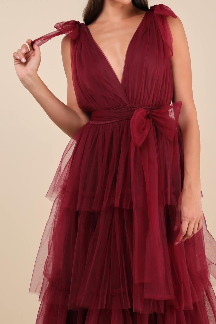 Flawless Arrival Burgundy Tulle Tie-Strap Tiered Maxi Dress