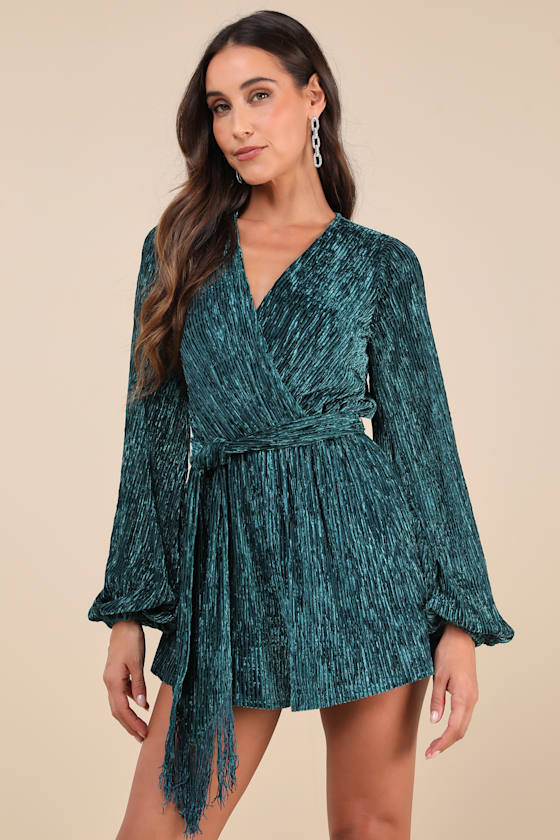 LULUS SIGNATURE POISE TEAL VELVET SHADOW STRIPE SURPLICE ROMPER