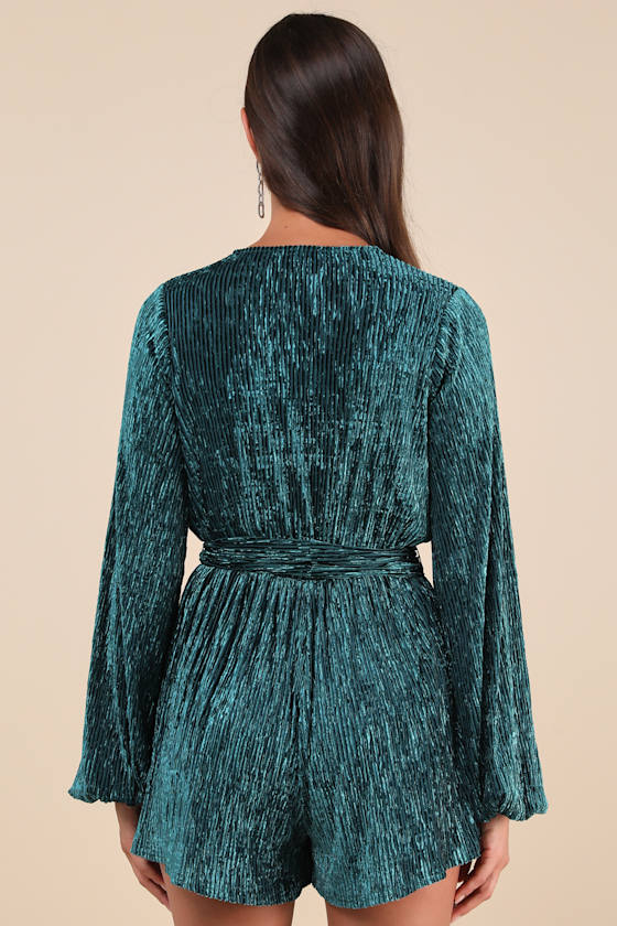 LULUS SIGNATURE POISE TEAL VELVET SHADOW STRIPE SURPLICE ROMPER