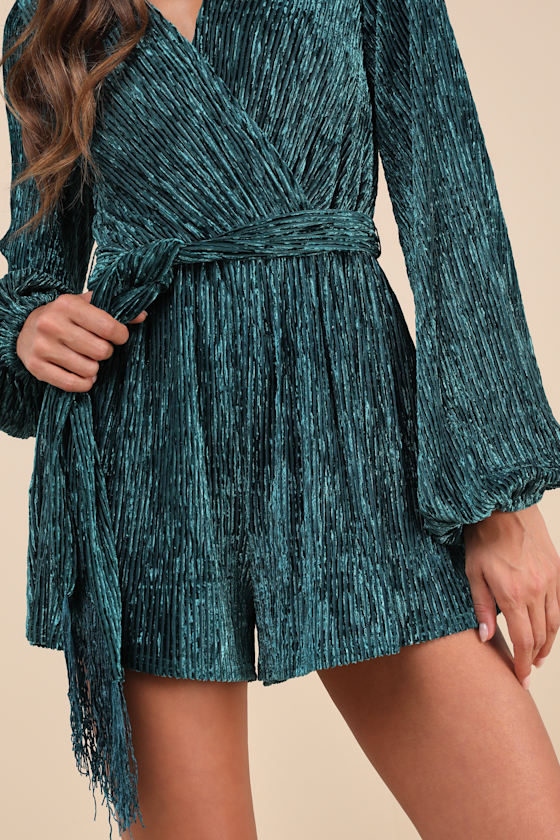 LULUS SIGNATURE POISE TEAL VELVET SHADOW STRIPE SURPLICE ROMPER