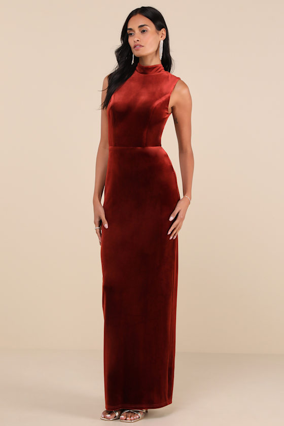 LULUS NOTORIOUS STUNNER RUST VELVET MOCK NECK BACKLESS MAXI DRESS 