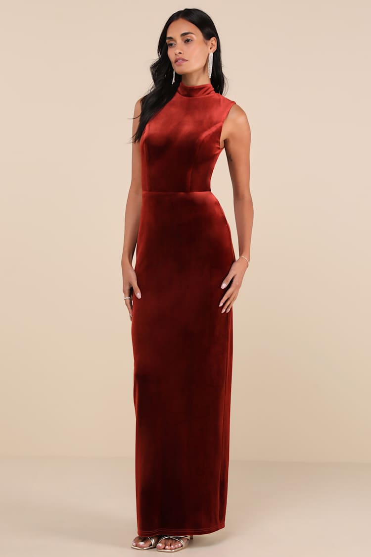 Notorious Stunner Rust Velvet Mock Neck Backless Maxi Dress Notorious Stunner Rust Velvet Mock Neck Backless Maxi Dress