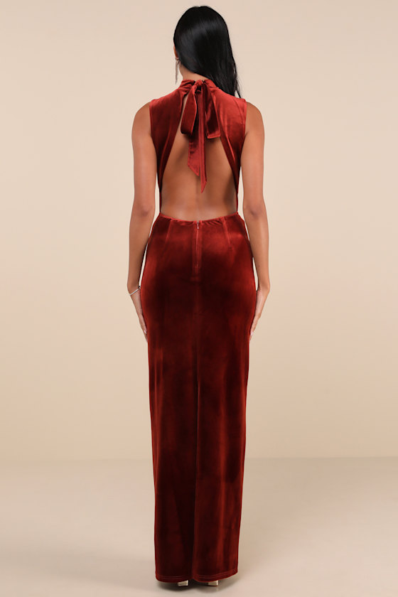 LULUS NOTORIOUS STUNNER RUST VELVET MOCK NECK BACKLESS MAXI DRESS 