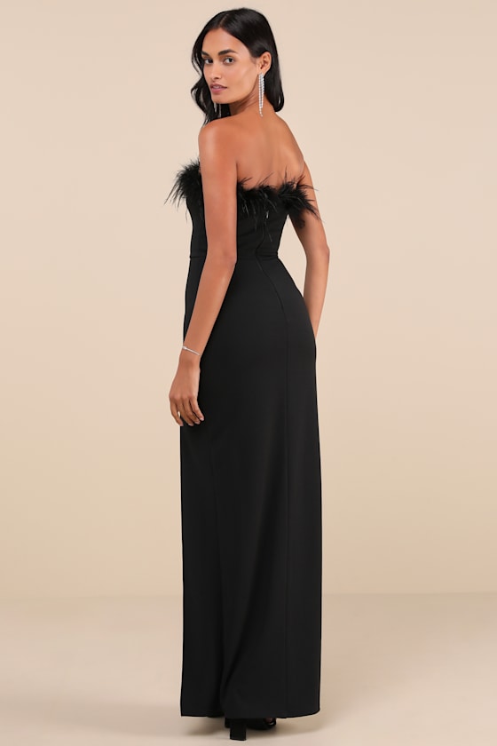 Absolutely Fabulous Black Feather Trim Strapless Column Maxi 4
