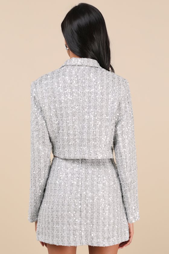 Notable Glitter Silver Tweed Cropped Sequin Lurex Pearl Jacket 2