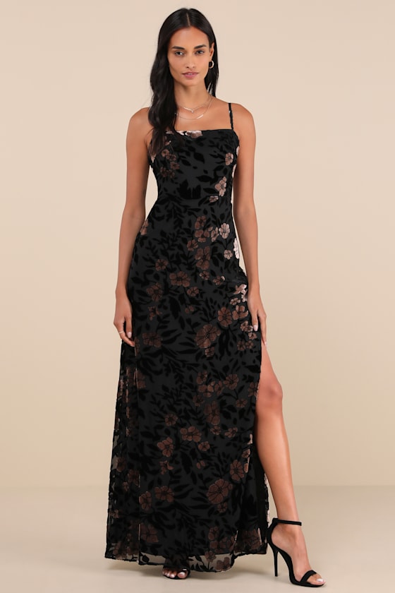 Lulus Effortless Celebration Black Floral Burnout A-line Maxi Dress In Black