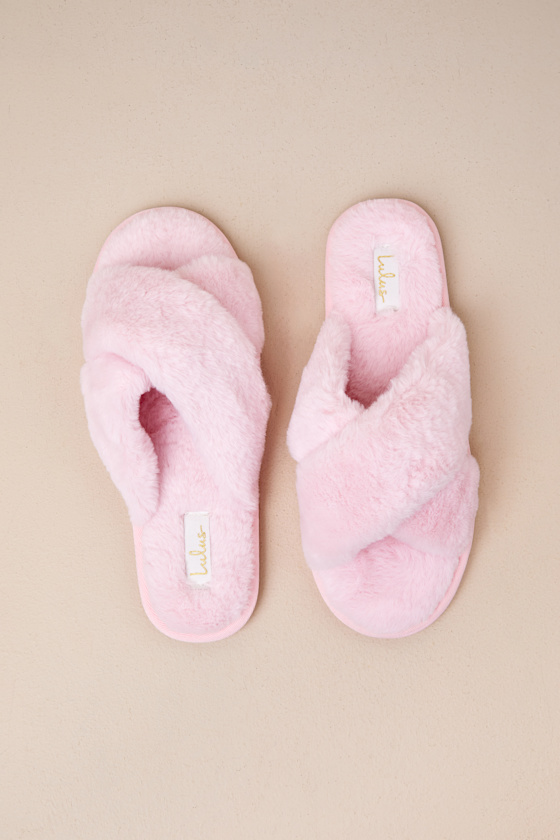 Lulus Elerie Baby Pink Faux Fur Slide Slippers In Pink