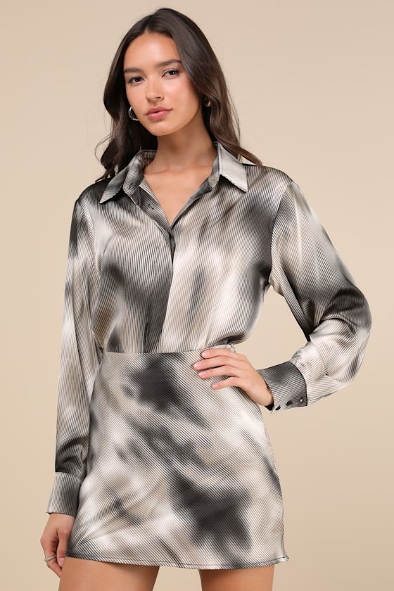 Lulus Poised Outcome Grey Multi Pinstriped Satin Mini Skirt In Grey
