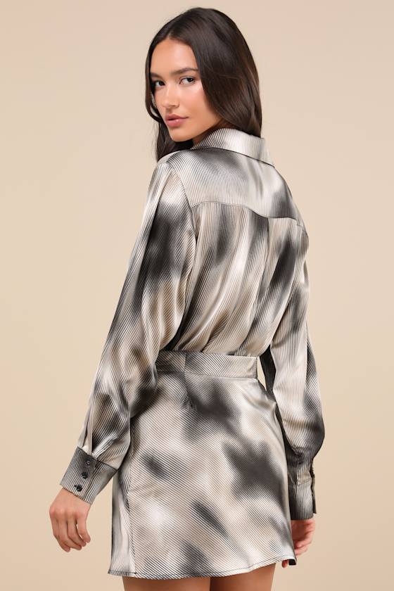 Lulus Poised Outcome Grey Multi Pinstriped Satin Mini Skirt In Grey