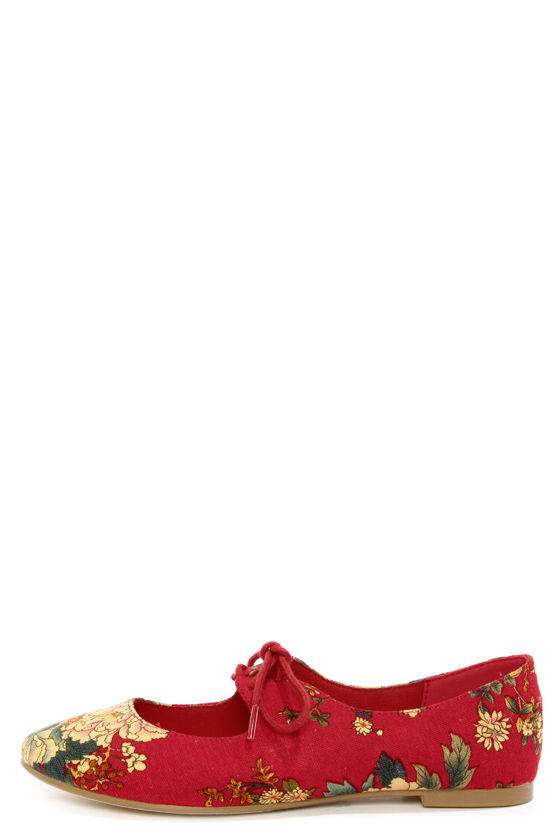 Cute Red Flats - Floral Print Shoes - Lace-Up Flats - $38.00 - Lulus