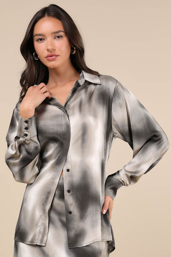 LULUS POISED OUTCOME GREY MULTI PINSTRIPED SATIN BUTTON-UP TOP
