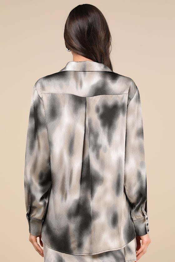 LULUS POISED OUTCOME GREY MULTI PINSTRIPED SATIN BUTTON-UP TOP