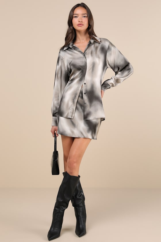 LULUS POISED OUTCOME GREY MULTI PINSTRIPED SATIN BUTTON-UP TOP