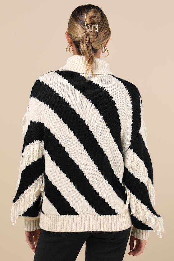Lulus Comfy Concept Ivory And Black Striped Fringe Sweater In Black