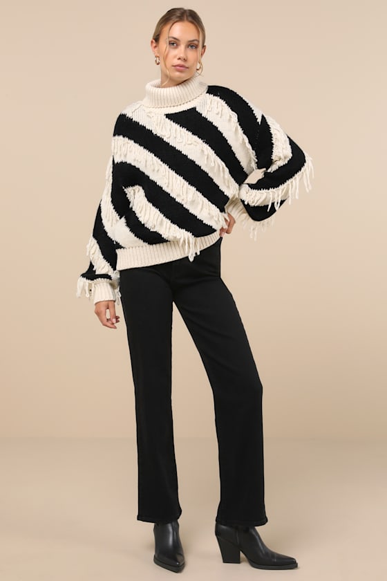 Lulus Comfy Concept Ivory And Black Striped Fringe Sweater In Black
