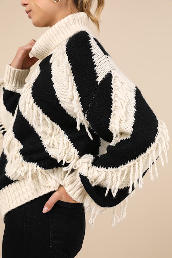 Lulus Comfy Concept Ivory And Black Striped Fringe Sweater In Black
