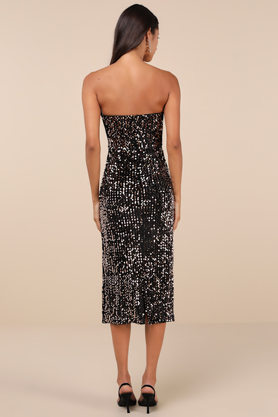 Rare London Extravagant Vibes Black And Bronze Velvet Sequin Midi Dress In Black
