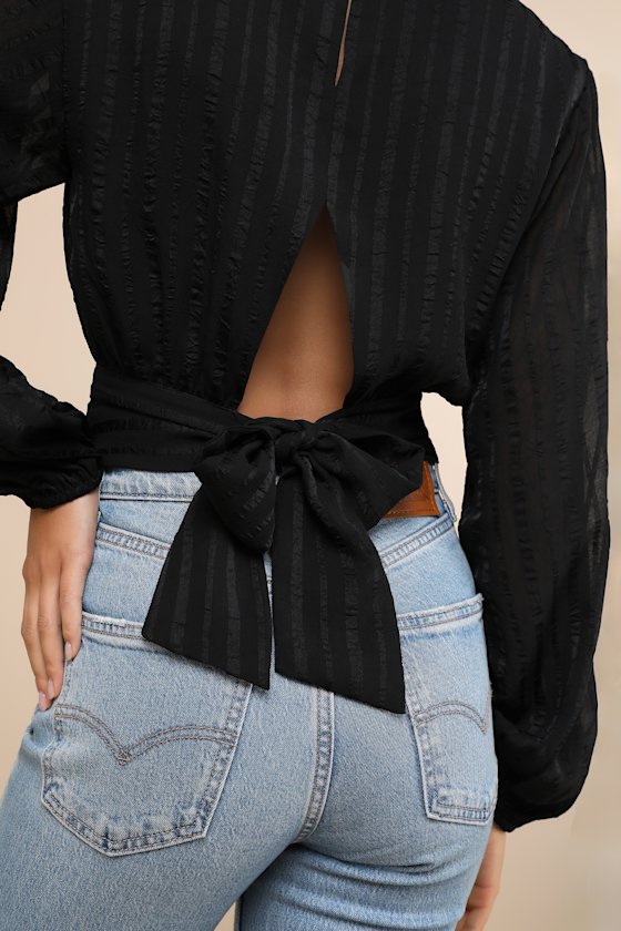 Composed Look Black Balloon Sleeve Tie-Back Long Sleeve Top 1