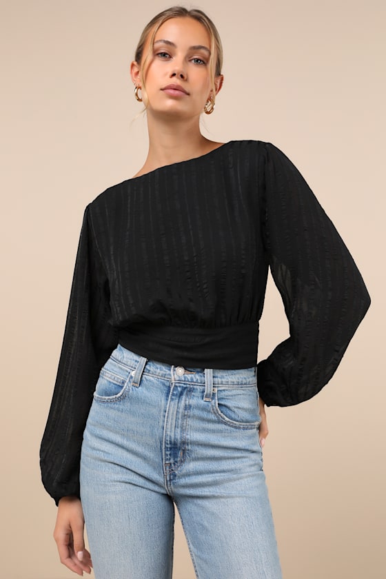 Composed Look Black Balloon Sleeve Tie-Back Long Sleeve Top 2