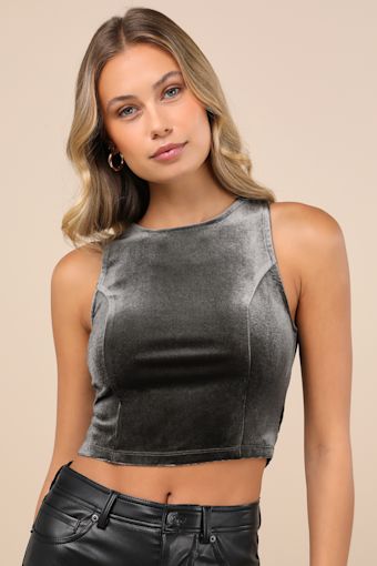 Let's Tie It Dark Grey Velvet Tie-Back Cropped Tank Top 1