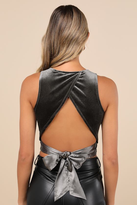 Lulus Let's Tie It Dark Grey Velvet Tie-back Cropped Tank Top In Dark Grey