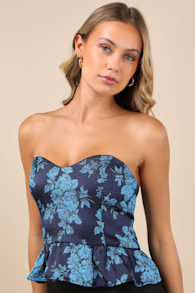 Cutest Persuasion Navy Blue Floral Jacquard Strapless Peplum Top