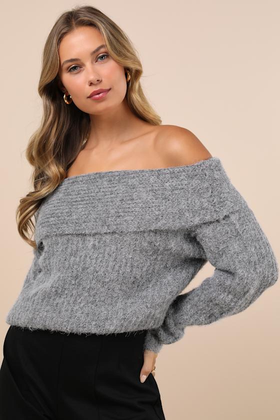 Cozy Outcome Grey Fuzzy Off-the-Shoulder Sweater 1