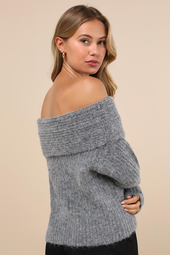 Cozy Outcome Grey Fuzzy Off-the-Shoulder Sweater 2