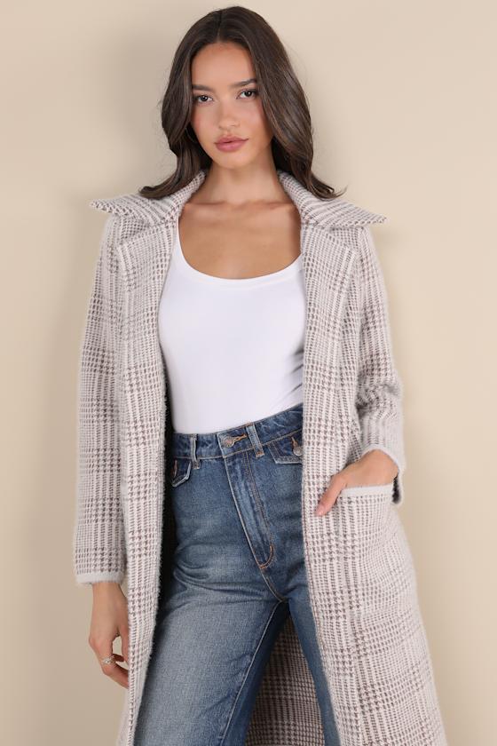 Lulus Marceau Ivory And Brown Houndstooth Eyelash Knit Coat In Ivory