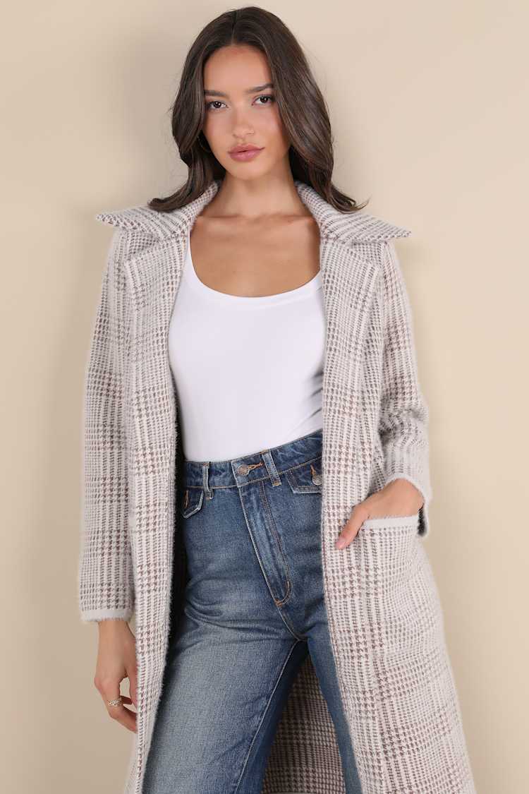 Marceau Ivory and Brown Houndstooth Eyelash Knit Coat