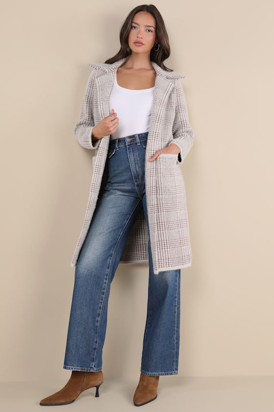 Lulus Marceau Ivory And Brown Houndstooth Eyelash Knit Coat In Ivory