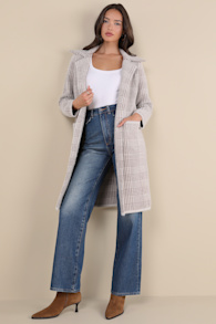 Marceau Ivory and Brown Houndstooth Eyelash Knit Coat 1