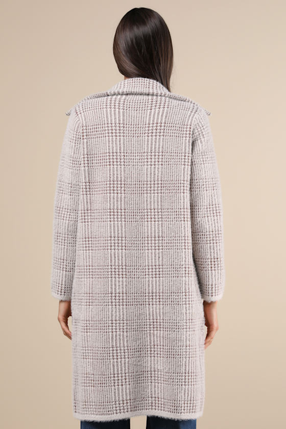 Lulus Marceau Ivory And Brown Houndstooth Eyelash Knit Coat In Ivory