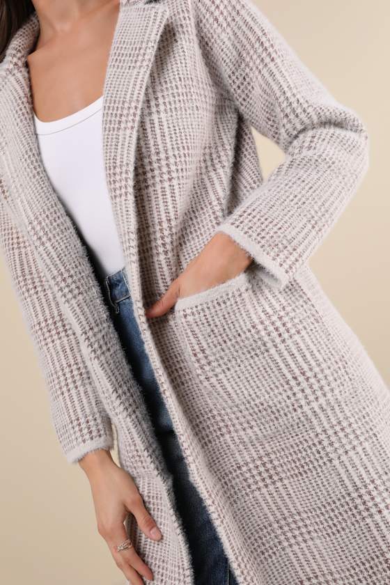 Lulus Marceau Ivory And Brown Houndstooth Eyelash Knit Coat In Ivory
