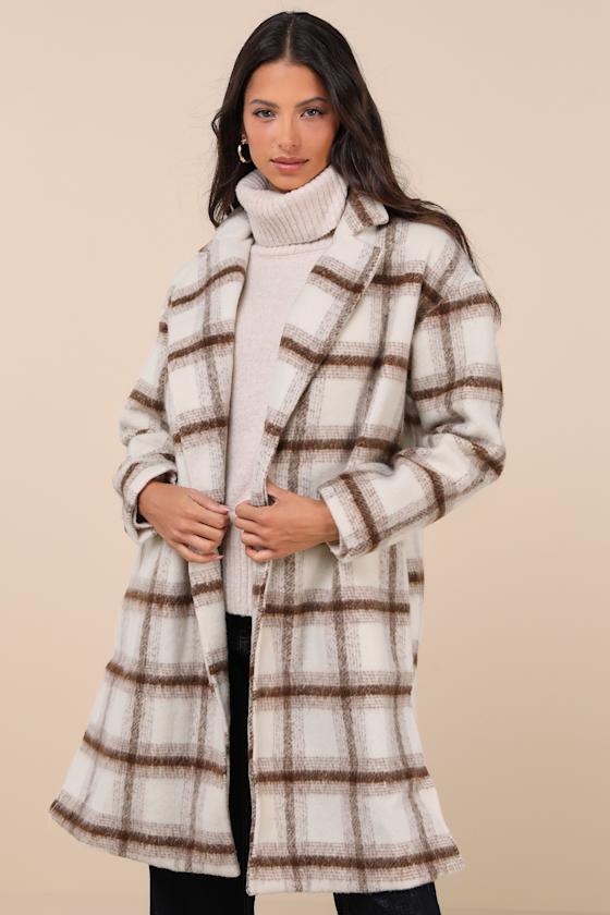 Lulus Emily Ivory Plaid Brushed Open-front Coat In Ivory