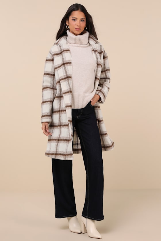 Lulus Emily Ivory Plaid Brushed Open-front Coat In Ivory