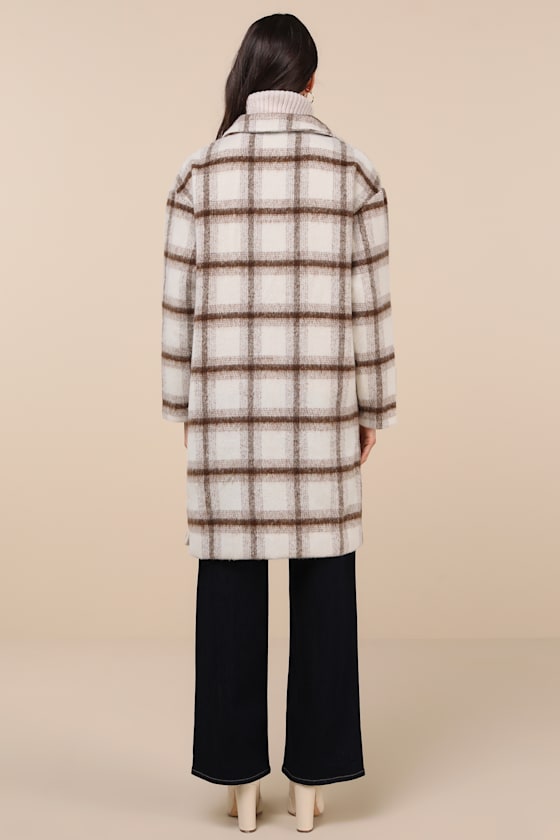Lulus Emily Ivory Plaid Brushed Open-front Coat In Ivory