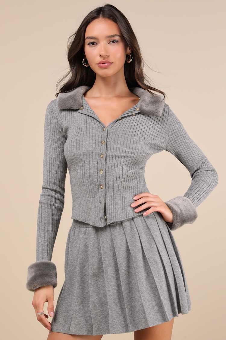 Chicly Cozy Heather Grey Faux Fur Two-Piece Sweater Mini Dress