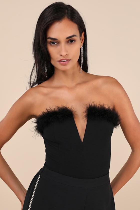 Lulus Desirable Aesthetic Black Feather Strapless Bodysuit In Black